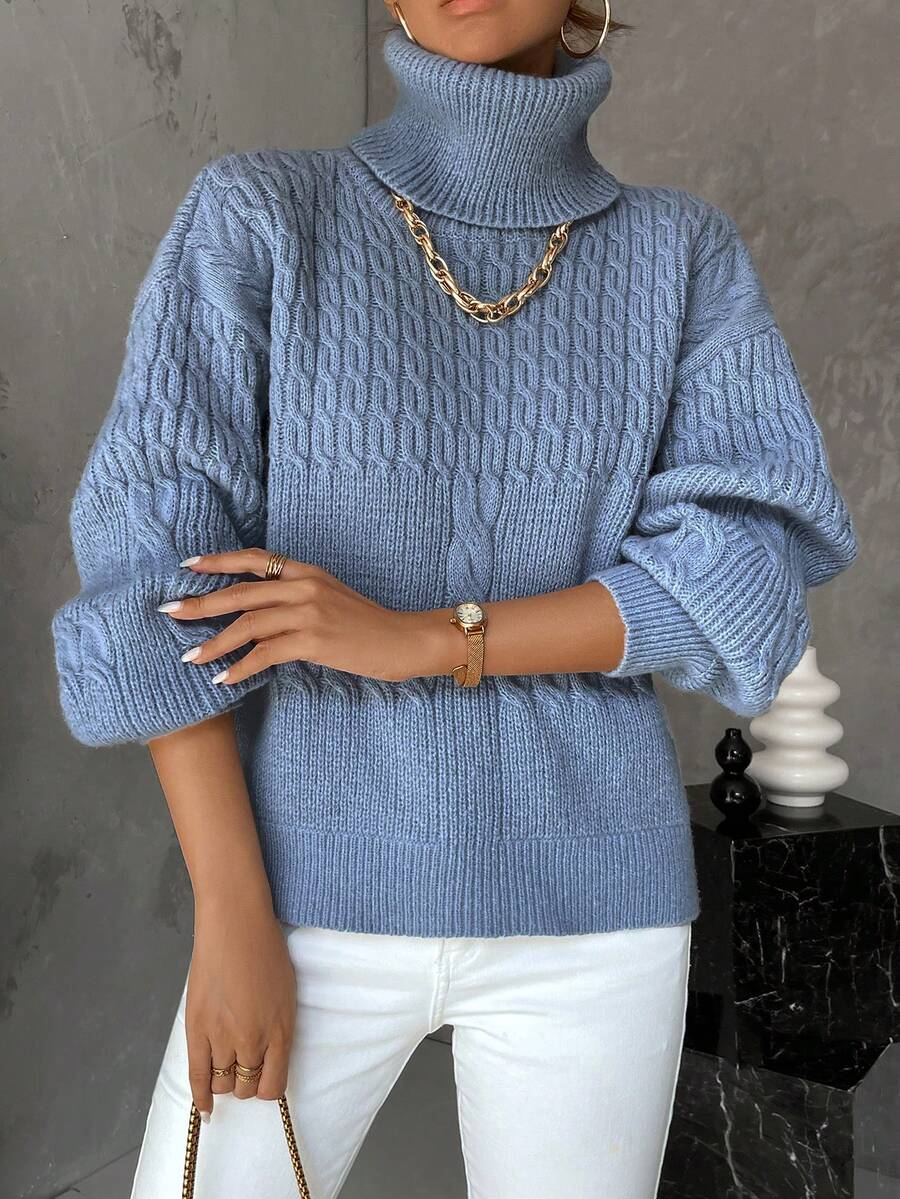 SHEIN Essnce Turtleneck Cable Knit Drop Shoulder Sweater - Blue - View 1