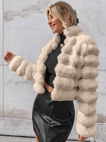 Firerie Going Out Solid Open Front Crop Fuzzy Coat, Winter, Elegant, Business , Casual, Furry, Faux Fur, Long Sleeve - Apricot - View 6