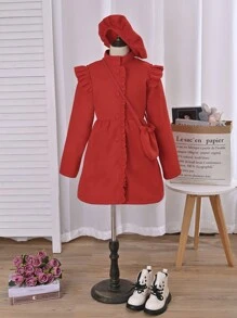SHEIN Cô gái Tween Viền Ruffle Áo khoác & Mũ Đối với Giáng sinh - Đỏ - Xem 1