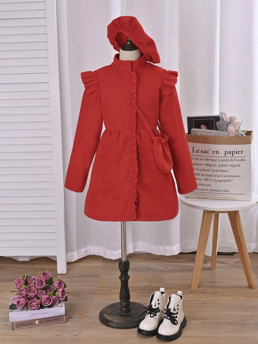 SHEIN Cô gái Tween Viền Ruffle Áo khoác & Mũ Đối với Giáng sinh - Đỏ - Xem 1