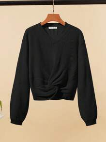 SHEIN 青少年女孩扭結下擺落肩袖套頭毛衣 - 黑色 - 查看 1