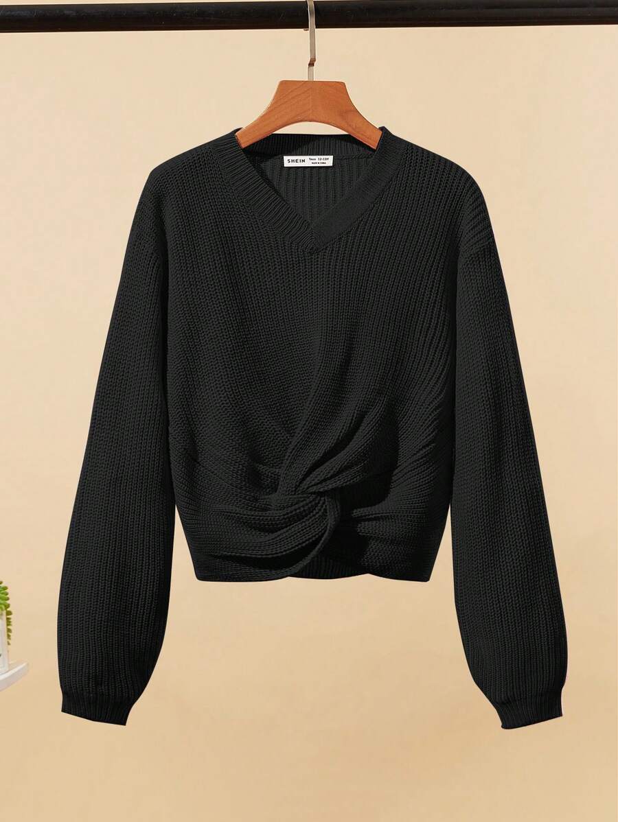 SHEIN 青少年女孩扭結下擺落肩袖套頭毛衣 - 黑色 - 查看 1