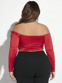 SHEIN X GiudiceGirls Hơn Off Shoulder Viền mặt trước Áo thun - Đỏ - Xem 2