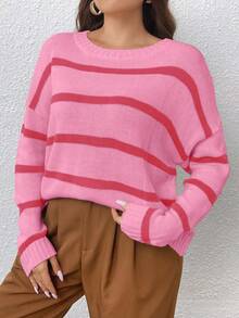 Celure 大碼條紋圖案落肩袖套頭毛衣 - 粉色 - 查看 7