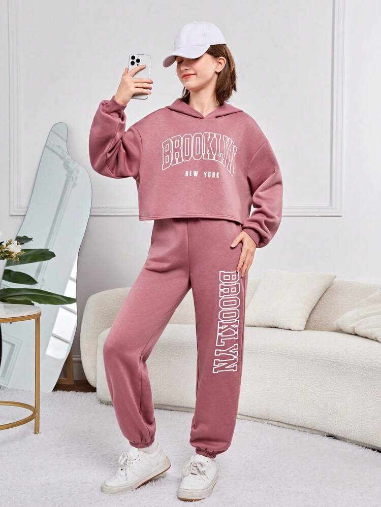 2pcs Teen Girls' Thermal Lined Hoodie And Sweatpants Set, Printed Pattern, Thickened