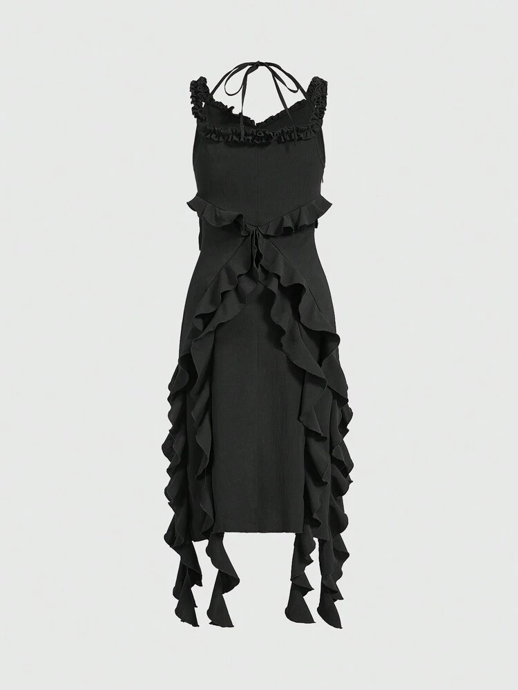 Women's Elegant And Romantic Solid Color Date Night Dress With Ruffle Trims And Decorative Straps