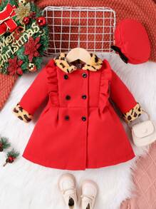 Baby Girl Leopard Pattern Ruffle Trim Double Breasted Overcoat & Hat - Red - View 1