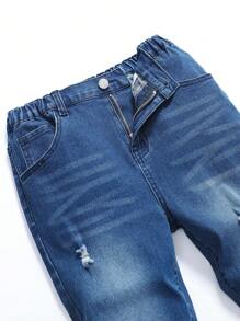 Jeans casuales para niño preadolescente con lavado y desgaste en forma de bigote de gato - Azul lavado oscuro - Ver 3