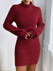 SHEIN Privé Turtleneck Lantern Sleeve Sweater Dress Without Belt In Fall/Winter - Red - View 3