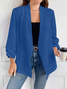 SHEIN Essnce 大碼抽褶袖開門襟西裝外套 - 寶藍色 - 查看 6