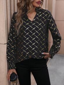 SHEIN EZwear Vàng In Argyle Shirred Cuff Áo sơ mi - màu đen - Xem 5