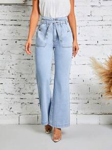 SHEIN LUNE 高腰腰帶牛仔喇叭褲 - 淺色水洗藍 - 查看 1