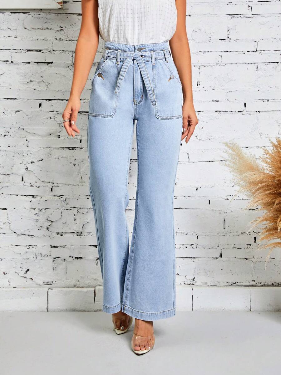 SHEIN LUNE 高腰腰帶牛仔喇叭褲 - 淺色水洗藍 - 查看 1