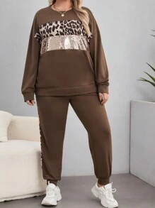 SHEIN LUNE Talla grande Pantalones deportivos con sudadera con estampado de leopardo de hombros caídos - Óxido marrón - Ver 4