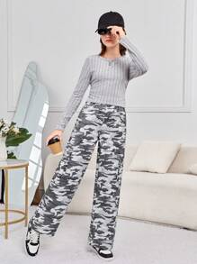 SHEIN Teen Girl Solid Tee & Camo Print Wide Leg Pants - Light Grey - View 3