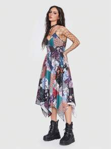 ROMWE Fairycore Patchwork Print Hanky Hem Cami Dress - Multicolor - View 3