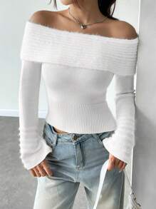 SHEIN Unity Gấp lại Off Shoulder Đồ đan Ribbed Áo len - trắng - Xem 7