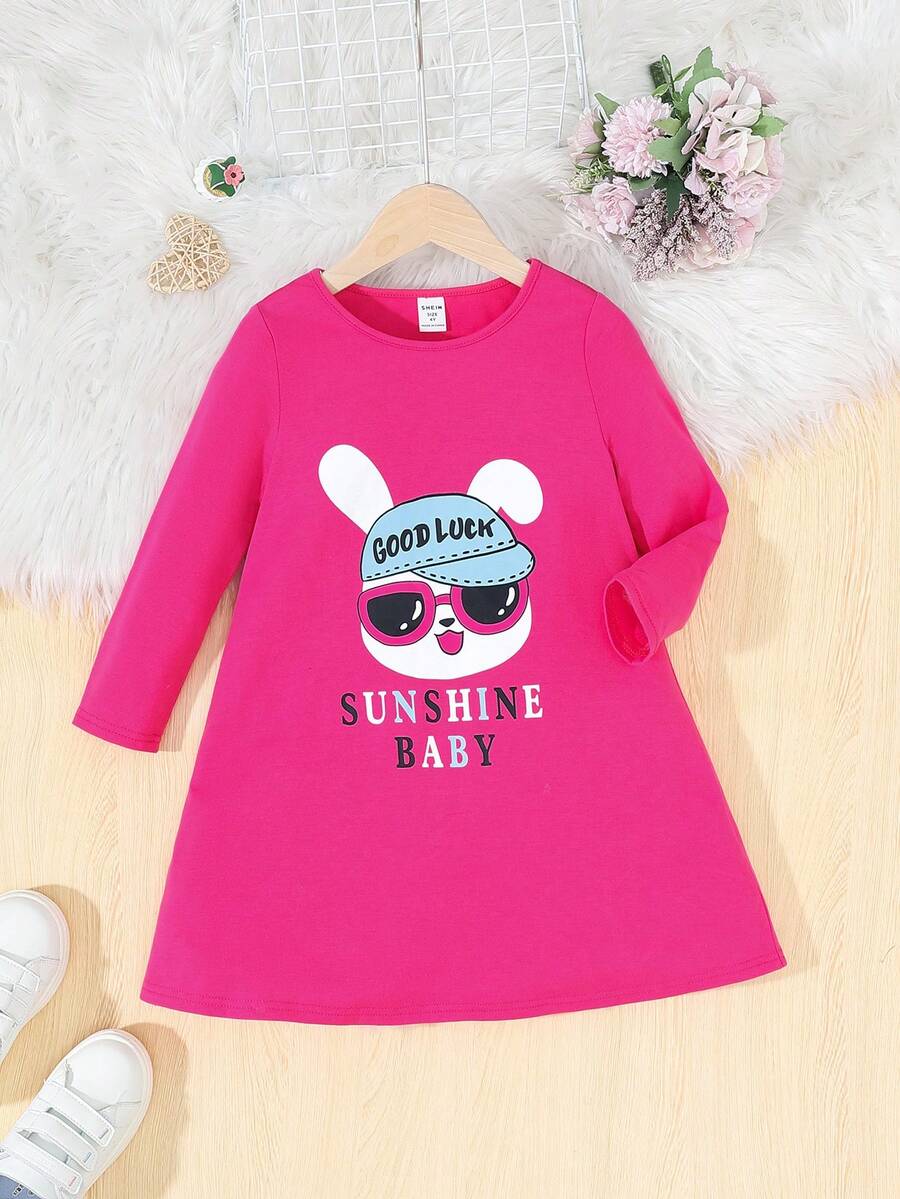 SHEIN Young Girl Cartoon & Letter Graphic Tee Dress - Hot Pink - View 1