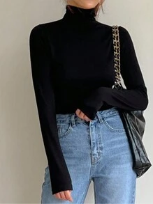 DAZY Chất rắn Cổ cao Áo thun - màu đen - Xem 7