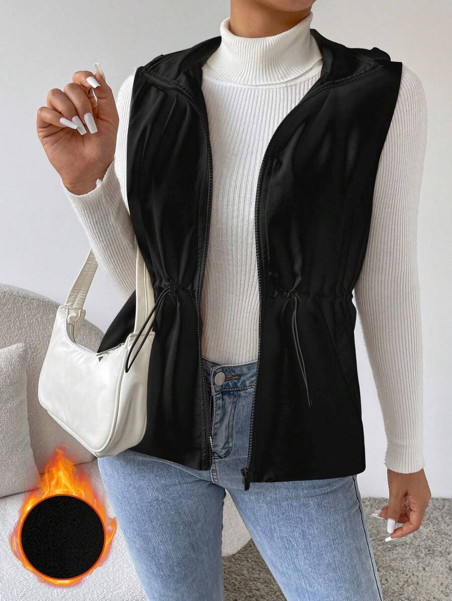 SHEIN Essnce Chaleco con capucha con cremallera y cintura con cordón acolchado, ropa de invierno - Negro - Ver 1