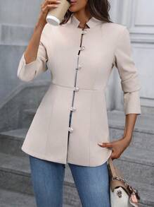 SHEIN LUNE 素色前紐扣外套 - 杏色 - 查看 5