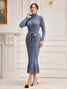 Modelyn 高領魚尾裙下擺腰帶毛衣洋裝 - 霧霾藍 - 查看 3