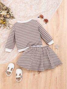 SHEIN 女嬰格子圖案前蝴蝶結夾克&半身裙 - 卡其色 - 查看 2