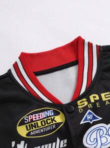 Manfinity EMRG 男士火和字母圖案條紋飾邊學院風夾克無連帽衫 - 黑色 - 查看 6