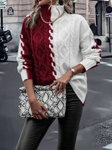SHEIN LUNE Jersey de dos tonos de cuello cisne tejido de cable de hombros caídos - Rojo - Ver 6