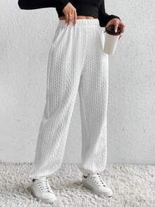 SHEIN Unity Pantalones de chándal de mujer de unicolor con textura y cintura elástica, otoño - Blanco - Ver 5