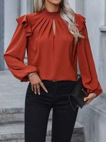 SHEIN Clasi Blusa de cuello con abertura de ojo ribete con fruncido de manga farol - Naranja Quemada - Ver 1