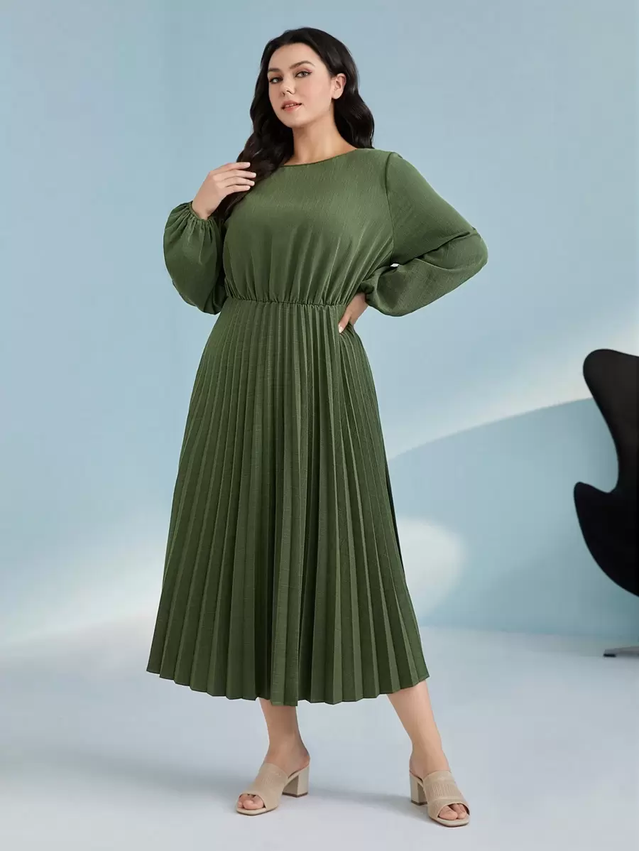 Mulvari Plus Lantern Sleeve Pleated Hem Dress Without Belt