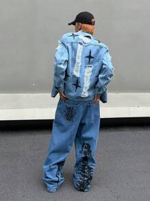 Manfinity Roghcode Men Letter Graphic Wide Leg Jeans Plain Wide Jeans, Long Royal Blue Oversize Washed Cargo Jeans, For Husband, Boyfriend Gifts - Blue - View 8