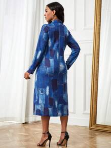 SHEIN LUNE Patchwork Print Button Front Coat Without Belt Fall Cloth For Women - Blue - View 2