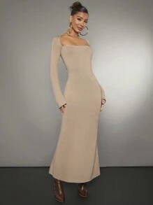 SHEIN BAE Square Neck Flare Sleeve Mermaid Hem Bodycon Dress - Khaki - View 6
