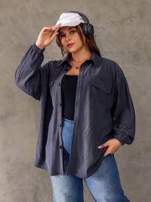 SHEIN EZwear Plus Letter Graphic Drop Shoulder Corduroy Coat