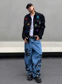 Manfinity Roghcode Men Letter Graphic Flap Pocket Denim Jacket - Black - View 5