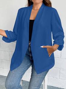 SHEIN Essnce 大碼抽褶袖開門襟西裝外套 - 寶藍色 - 查看 5