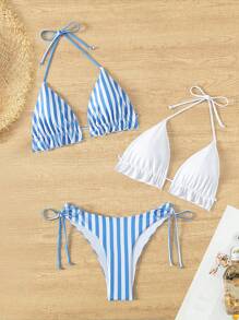 Striped Frill Trim Halter Triangle Bikini Set - Blue and White - View 1