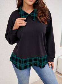 SHEIN LUNE 大碼格紋印花落肩袖二合一運動衫 - 墨綠色 - 查看 1