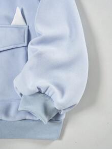 SHEIN Qutie 加大码翻盖口袋毛边抽绳卫衣 - 藍色 - 查看 4