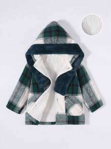 SHEIN Young Boy Plaid Double Breasted Overcoat & Scarf,In Fall/Winter