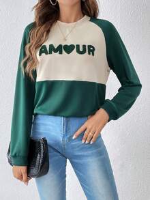 SHEIN Frenchy Lá thư Đổ xô Khối màu Tay Raglan Áo nỉ - Nhiều màu - Xem 5
