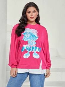 SHEIN X The Smurfs Plus Letter & Cartoon Graphic Drop Shoulder 2 In 1 Sweatshirt - Pink - View 1