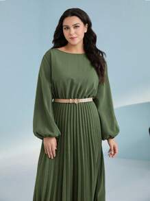 Mulvari Plus Lantern Sleeve Pleated Hem Dress Without Belt