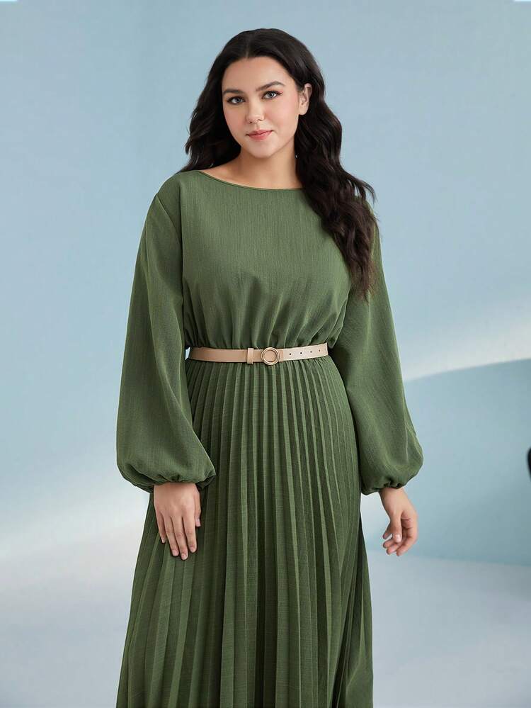 Plus Lantern Sleeve Pleated Hem Dress Without Belt