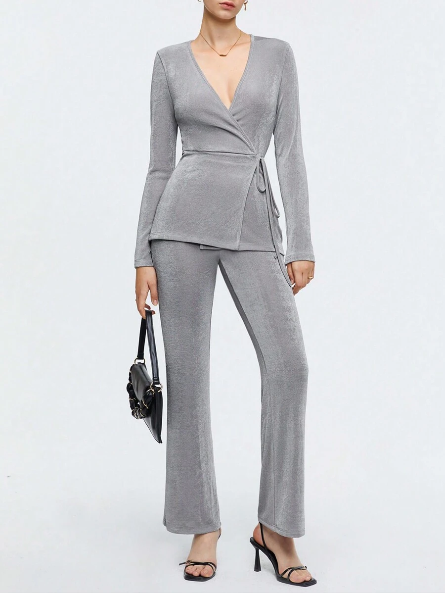 BizChic Solid Wrap Knot Side Top & Flare Leg Pants - Silver - View 1