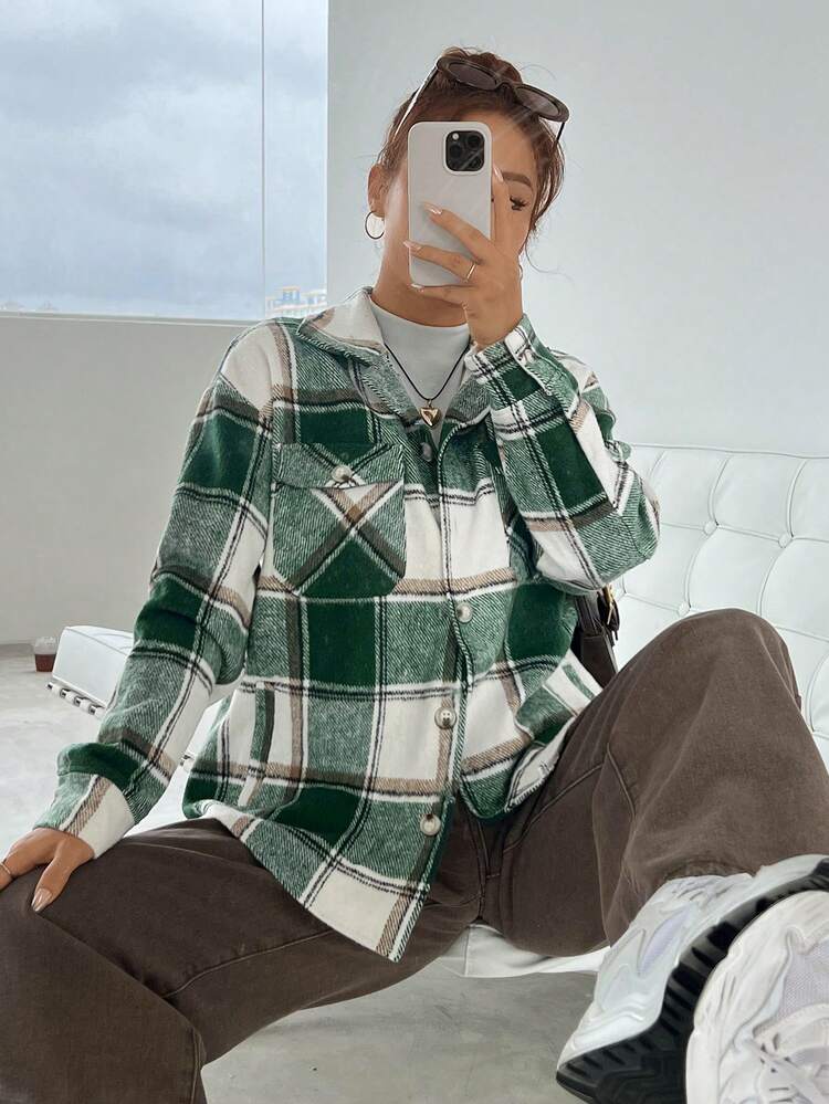 Plaid Pattern Drop Shoulder Flap Pocket Coat