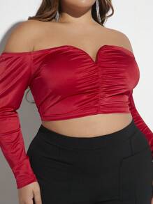SHEIN X GiudiceGirls Hơn Off Shoulder Viền mặt trước Áo thun - Đỏ - Xem 3