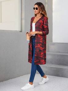 SHEIN LUNE Camo Print Open Front Coat - Red - View 5